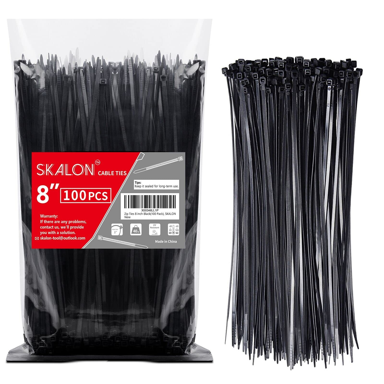 Zip Ties 8 inch (100 Pack), 40lbs Tensile Strength, Black Cable Ties, Wire Ti...