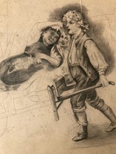 beau Dessin Crayon Portrait Jeune Homme Femme Brouette Art XIXe A Identifier