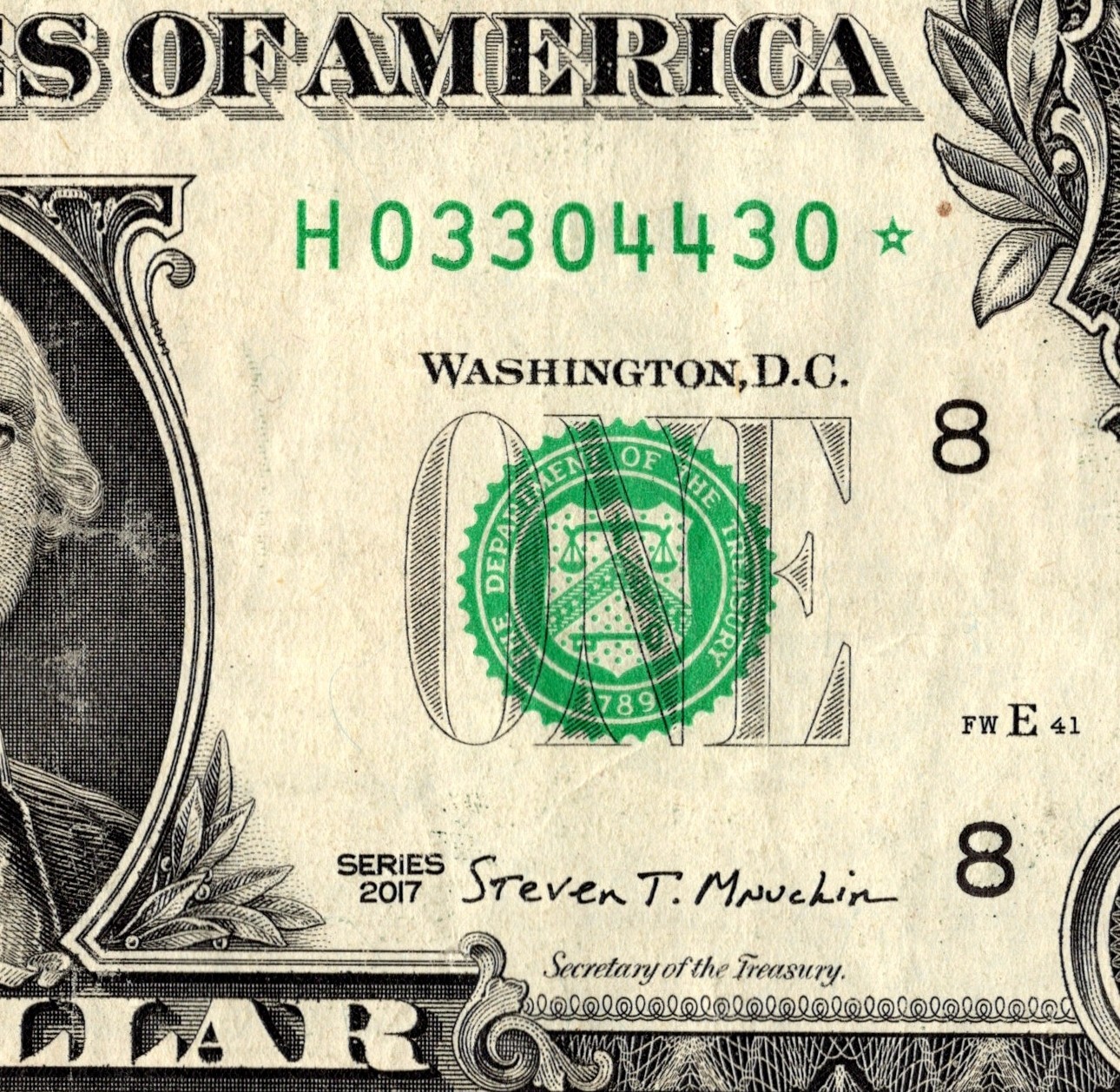 2017 Star note one dollar bill H03304430* 500k sheet run 2 of 2 FW