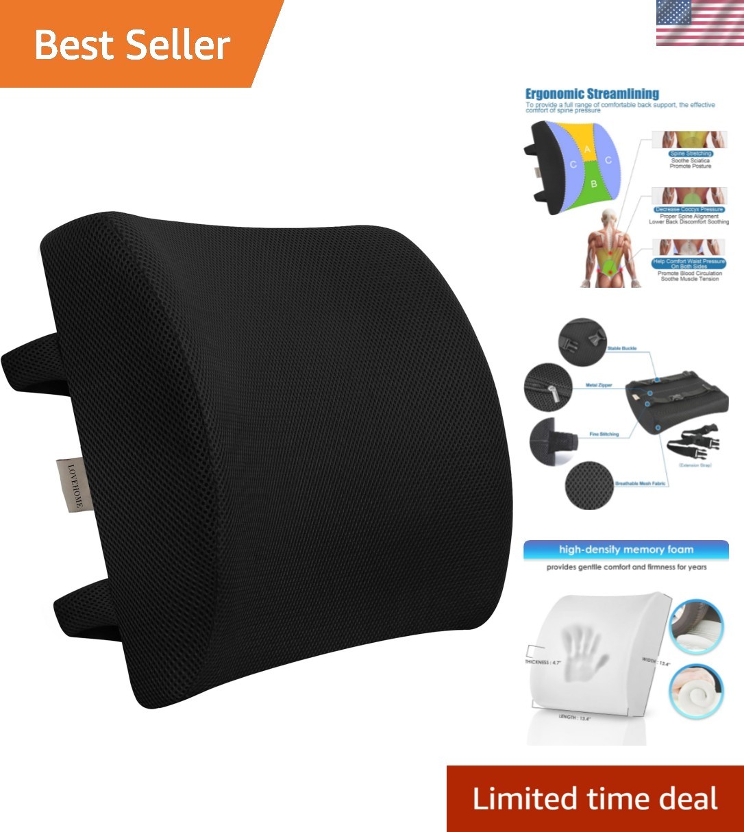 Lumbar Pillow for Chair and Car, Back Support for Office, Memory Foam Cushion...