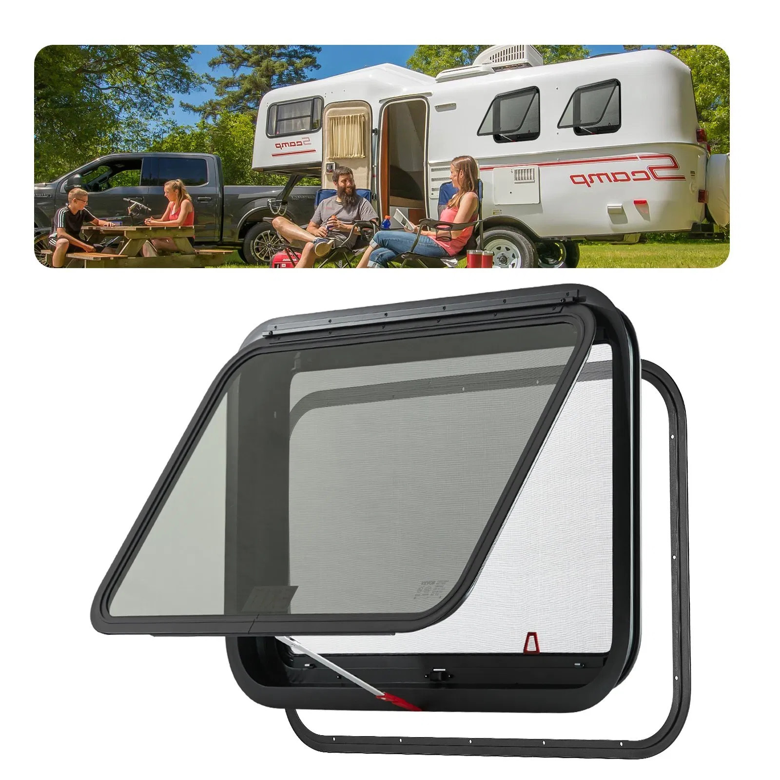 RV Exit Window, 30" W x 20" H Tinted RV Window with Net Screen and Trim Ring, Fi