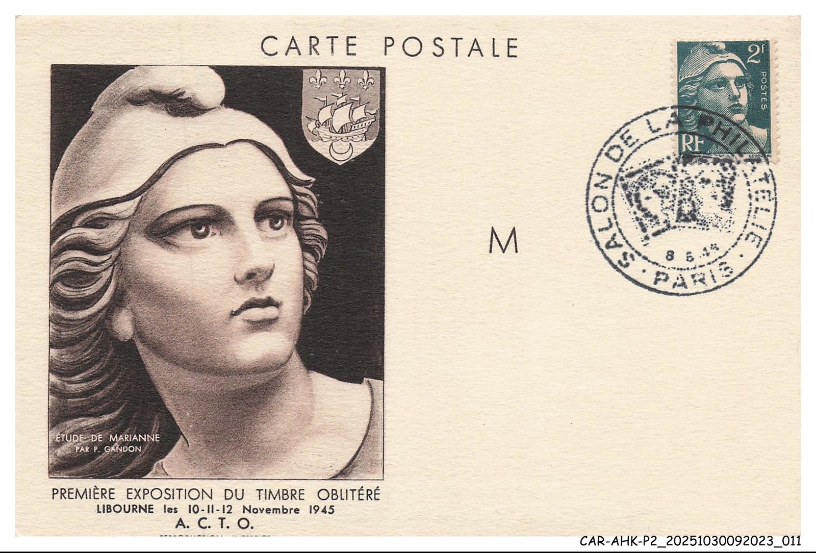 CAR-AHKP2-0081-CARTES-MAXIMUM - FRANCE - First Exhibition Of The Used Stamp