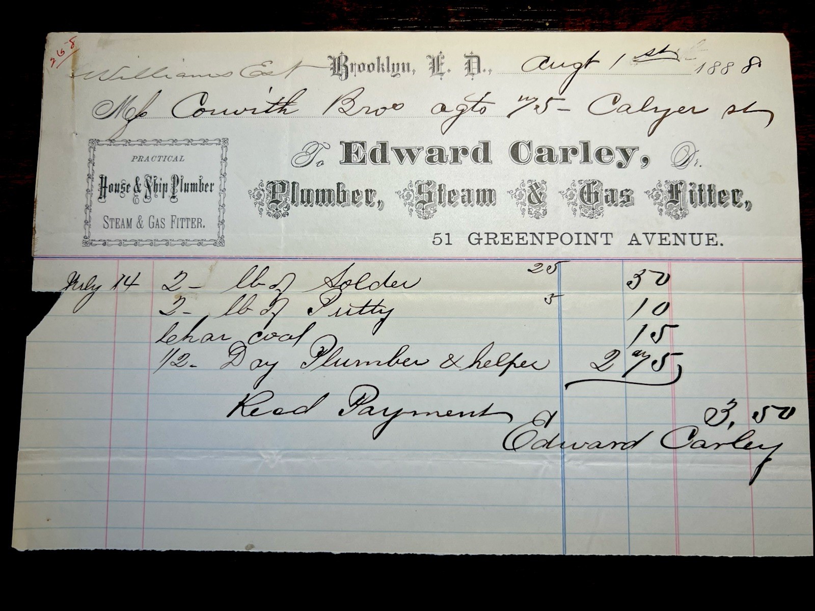 1888 🧾 Brooklyn NY Plumbing Billhead 🔧 Steam Gas Fitter Invoice Gilded Age
