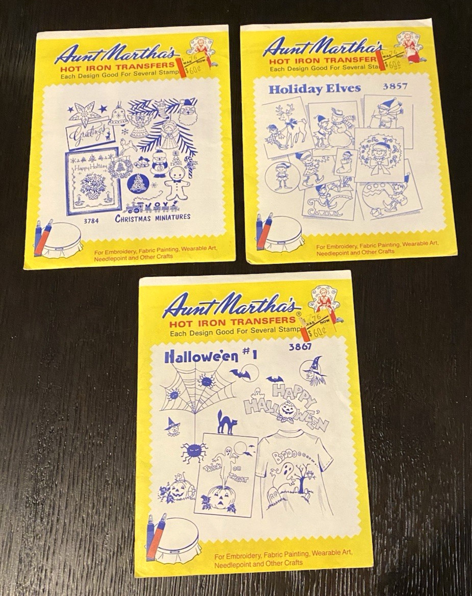Vtg Aunt Martha's Hot Iron Transfers NOS 3 Christmas Halloween Embroidery Ndlept