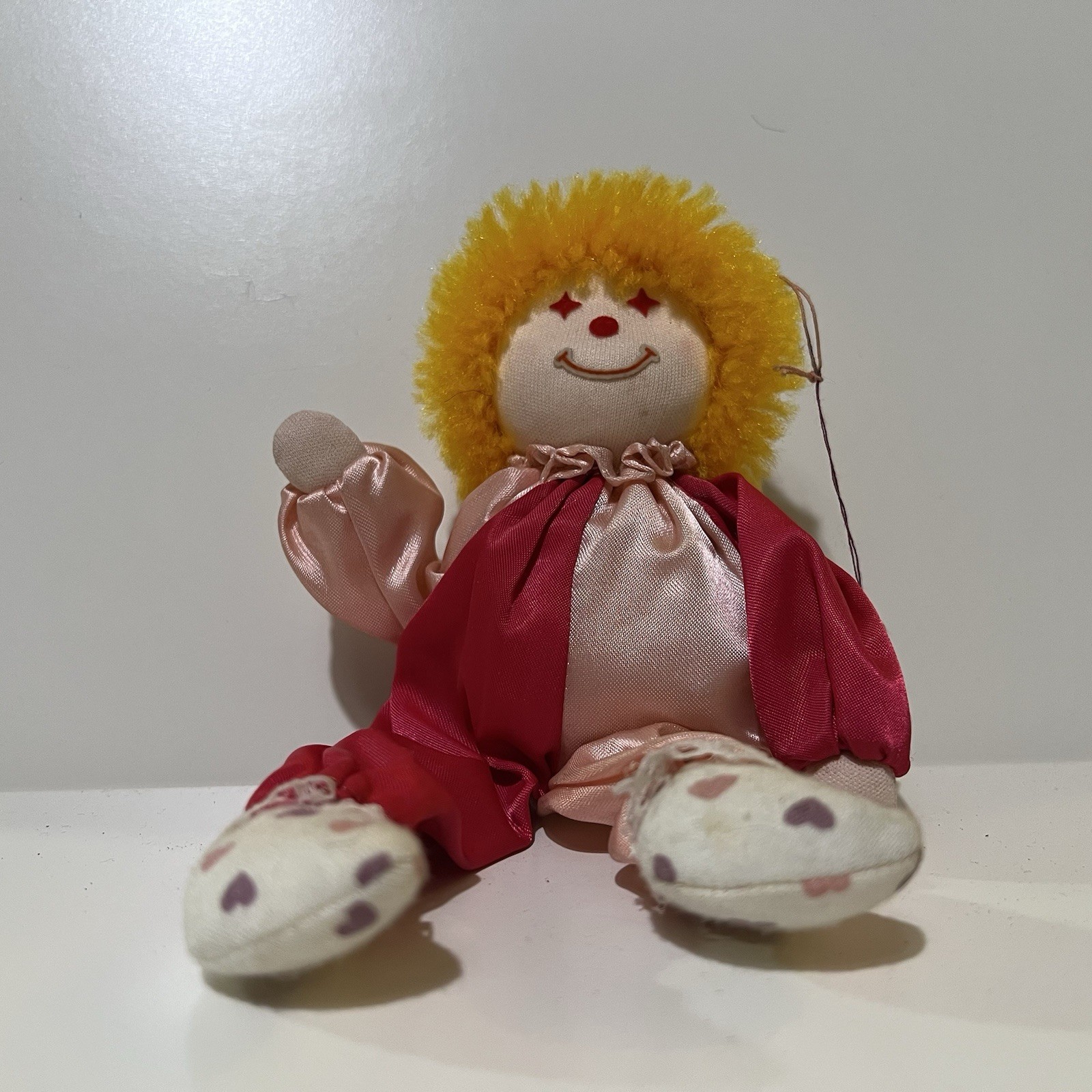 Russ Berrie Clown Plush Stuffed Red, Pink Hat Yellow Yarn Hair.