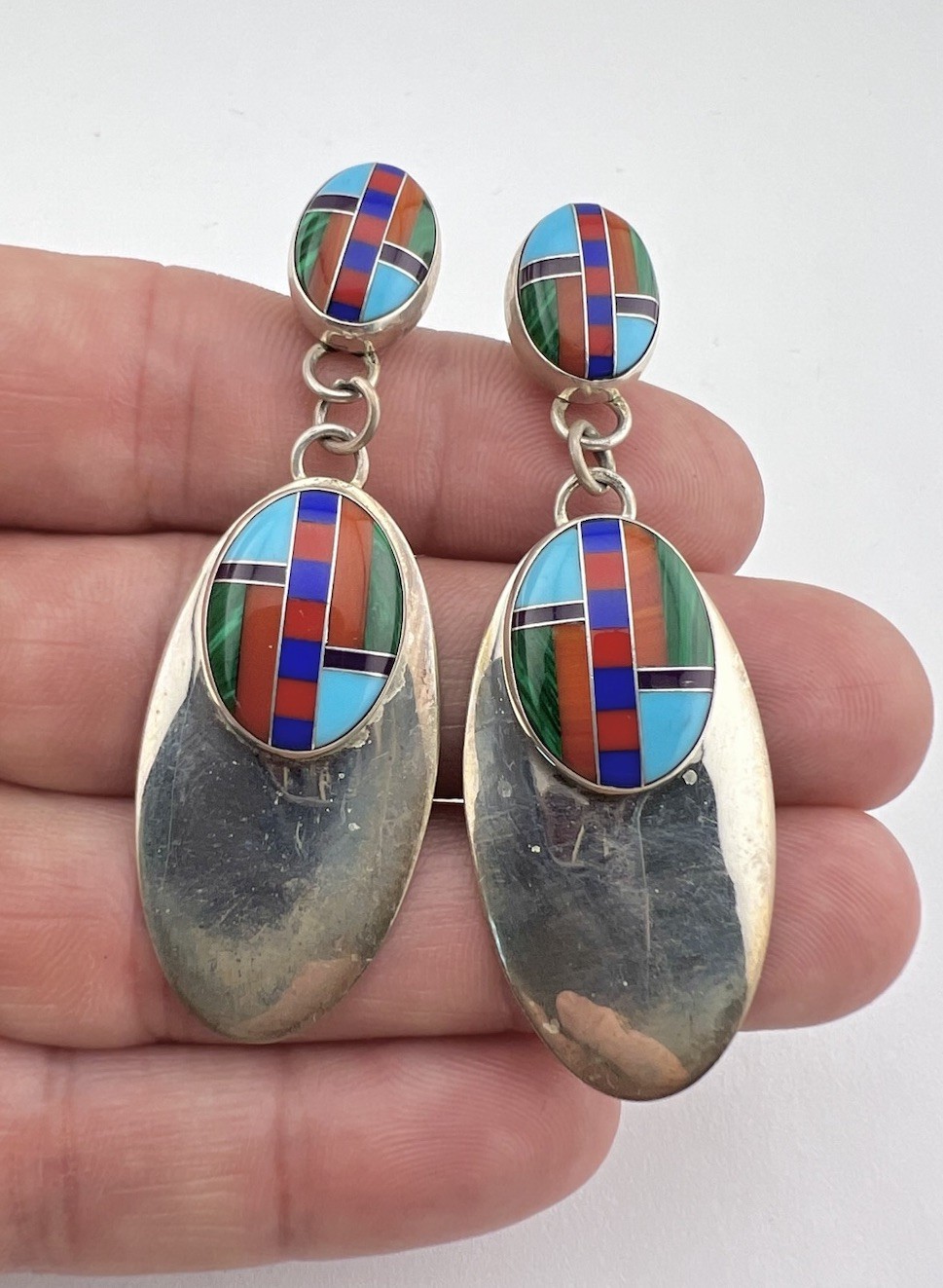 Vintage Navajo Sterling Silver Multi Gemstone Flush Inlay Post Earrings 2.5"