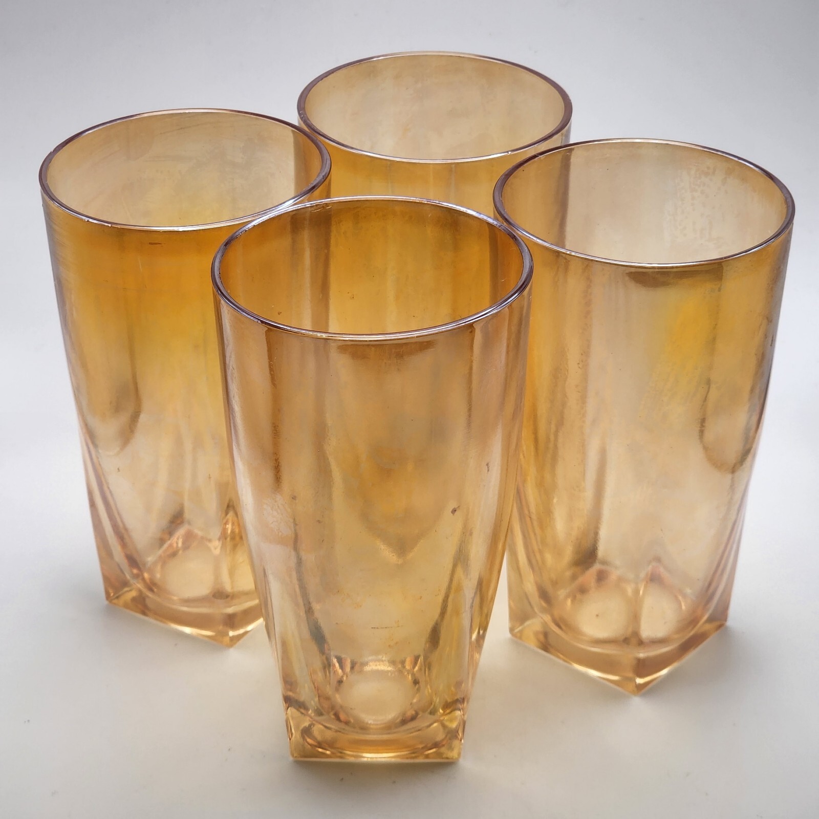 Vintage Lusterware Drinking Glasses Peach Orange Square Base 5"H Lot of 4