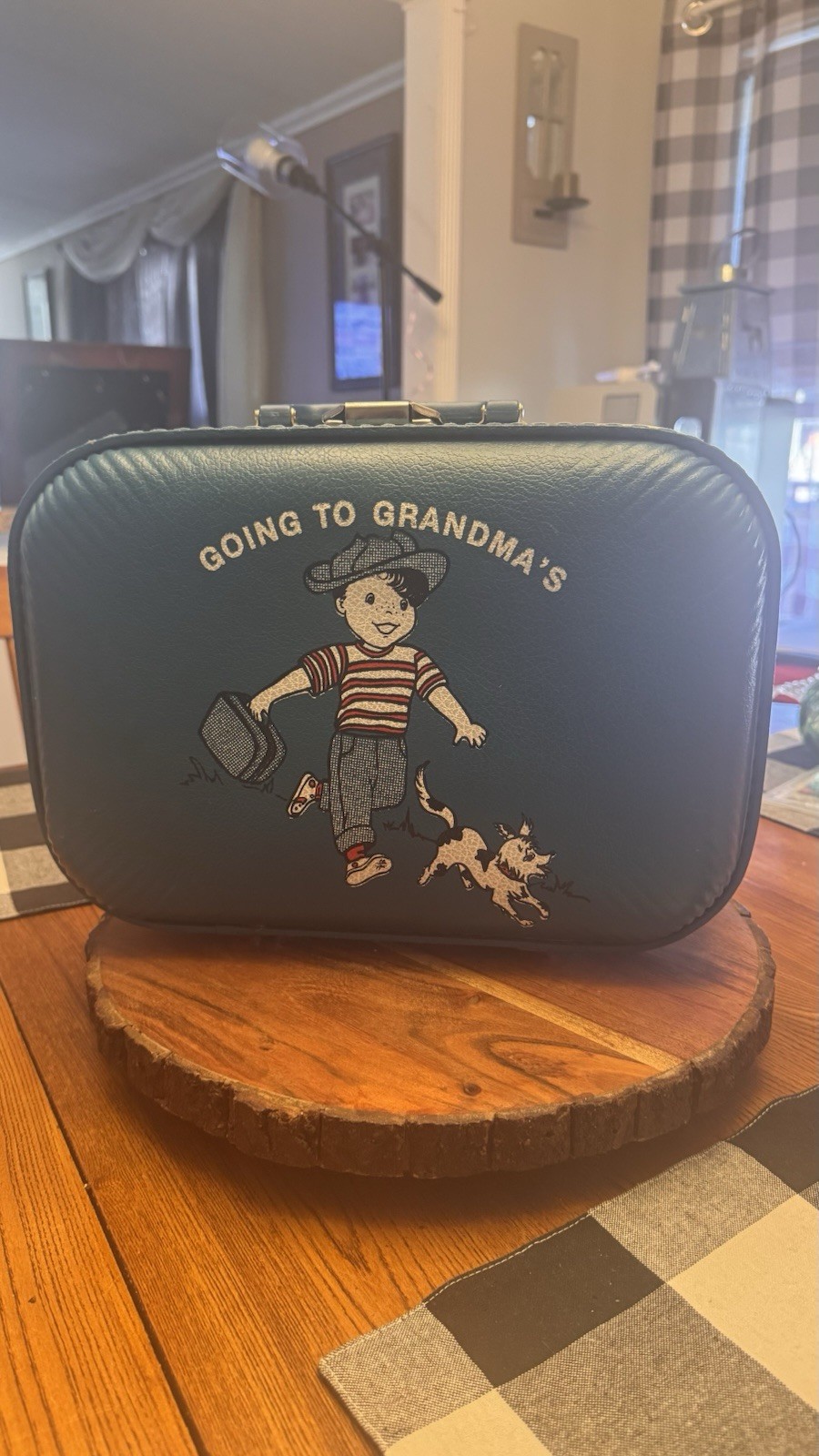 Vintage 'Going to Grandma's' Blue Hard Shell Vinyl Suitcase 1970s Lockable 