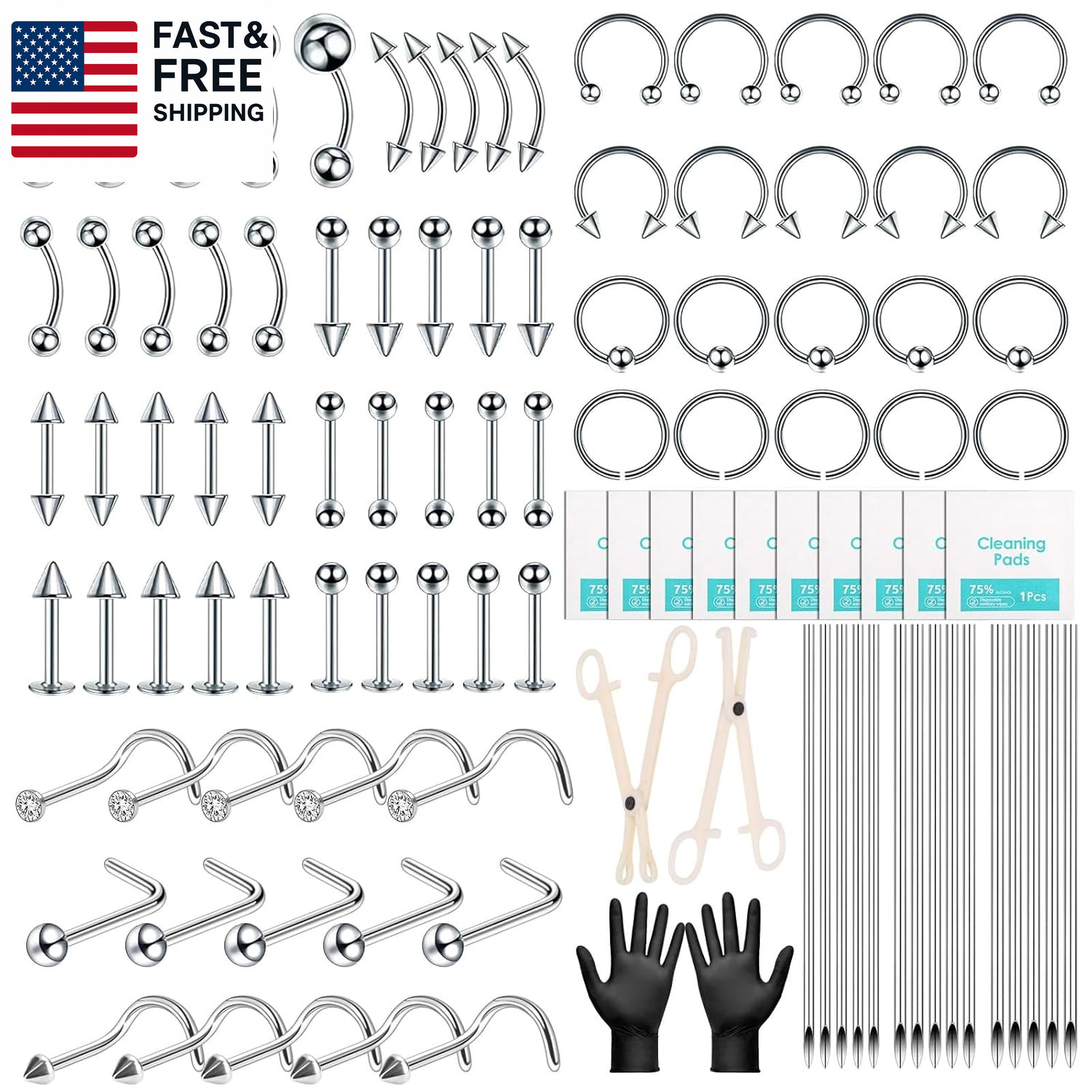 104PCS Body Septum Piercing Kit with 14G/16G/20G Piercing Needles Piercing Jew