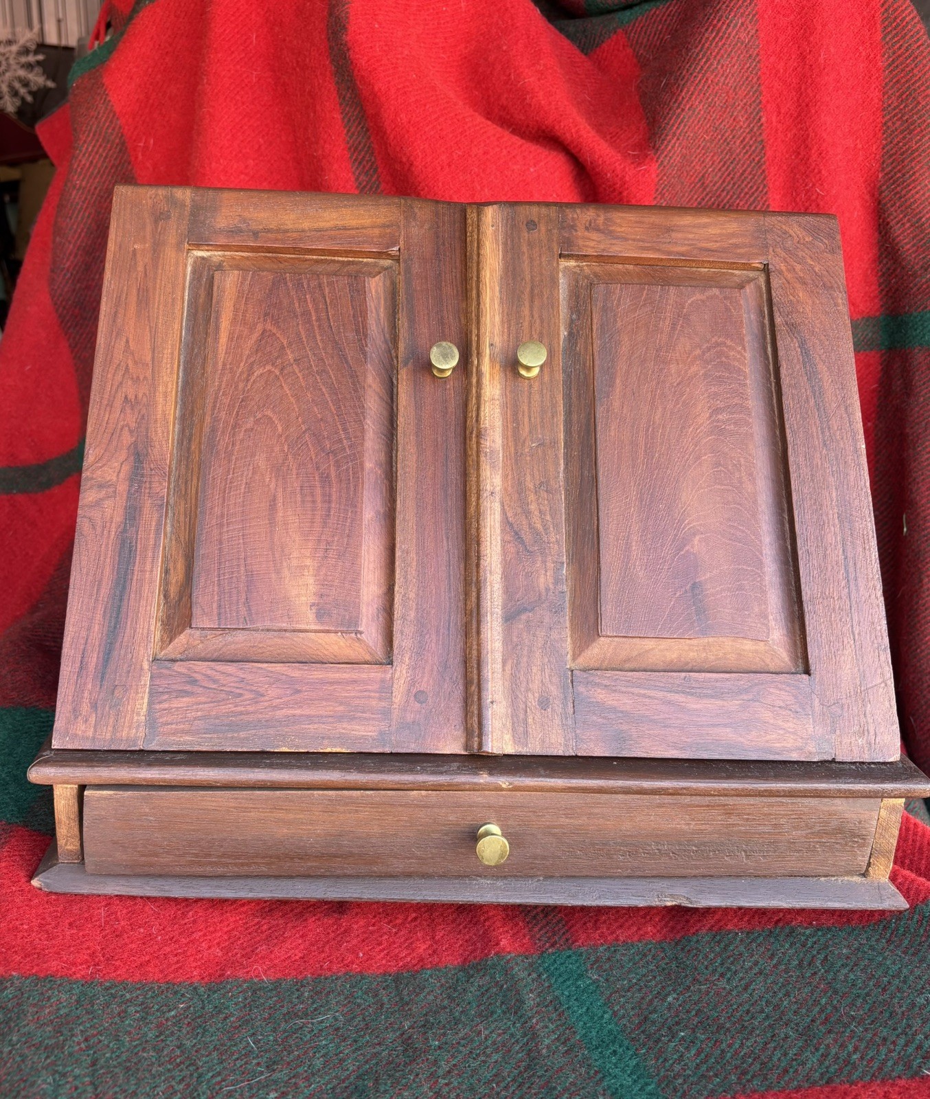 Vintage Writing Cabinet Stationary Box Sloped Doors, Organizing Slots & Drawer