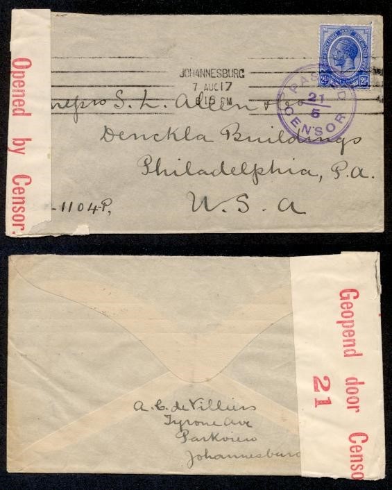 SOUTH AFRICA 1917 CENSORED TO USA