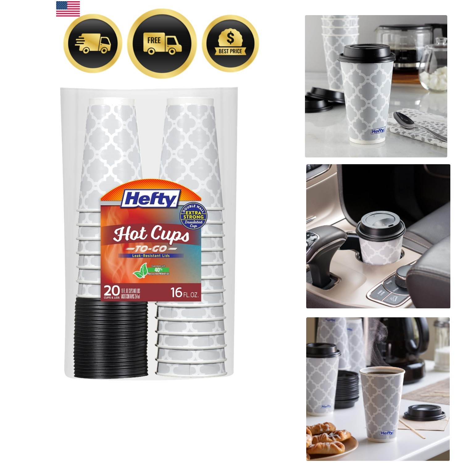 Paper Disposable Hot Cups with Lids, 16 Ounce, 20 Count