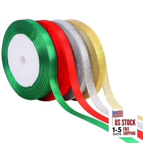  4 Rolls 100 Yards Christmas Ribbons Metallic 1cm Red, Green, Gold, Silver