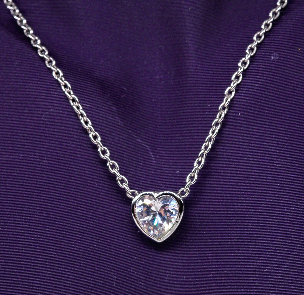 VTG Sterling silver 925 cable chain necklace with bezel-set heart CZ pendant 16"