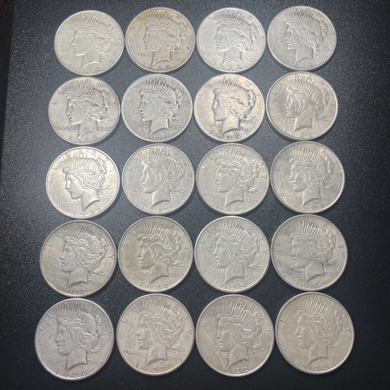 Roll of 20 coins US Peace Silver Dollars F-XF Mixed Dates & Mints