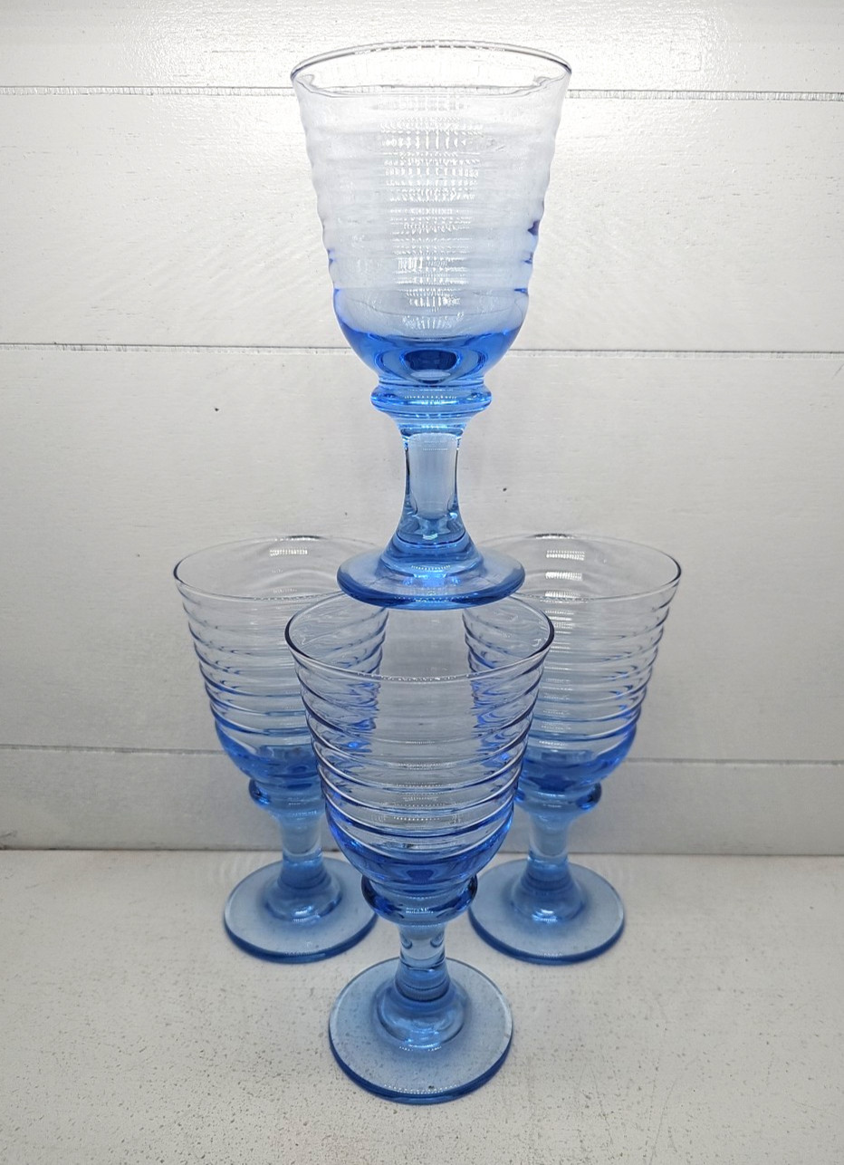 4 Vtg Libbey Wine Water Goblets Sirrus Spool Stem Blue Horizon Glass 7” 12oz