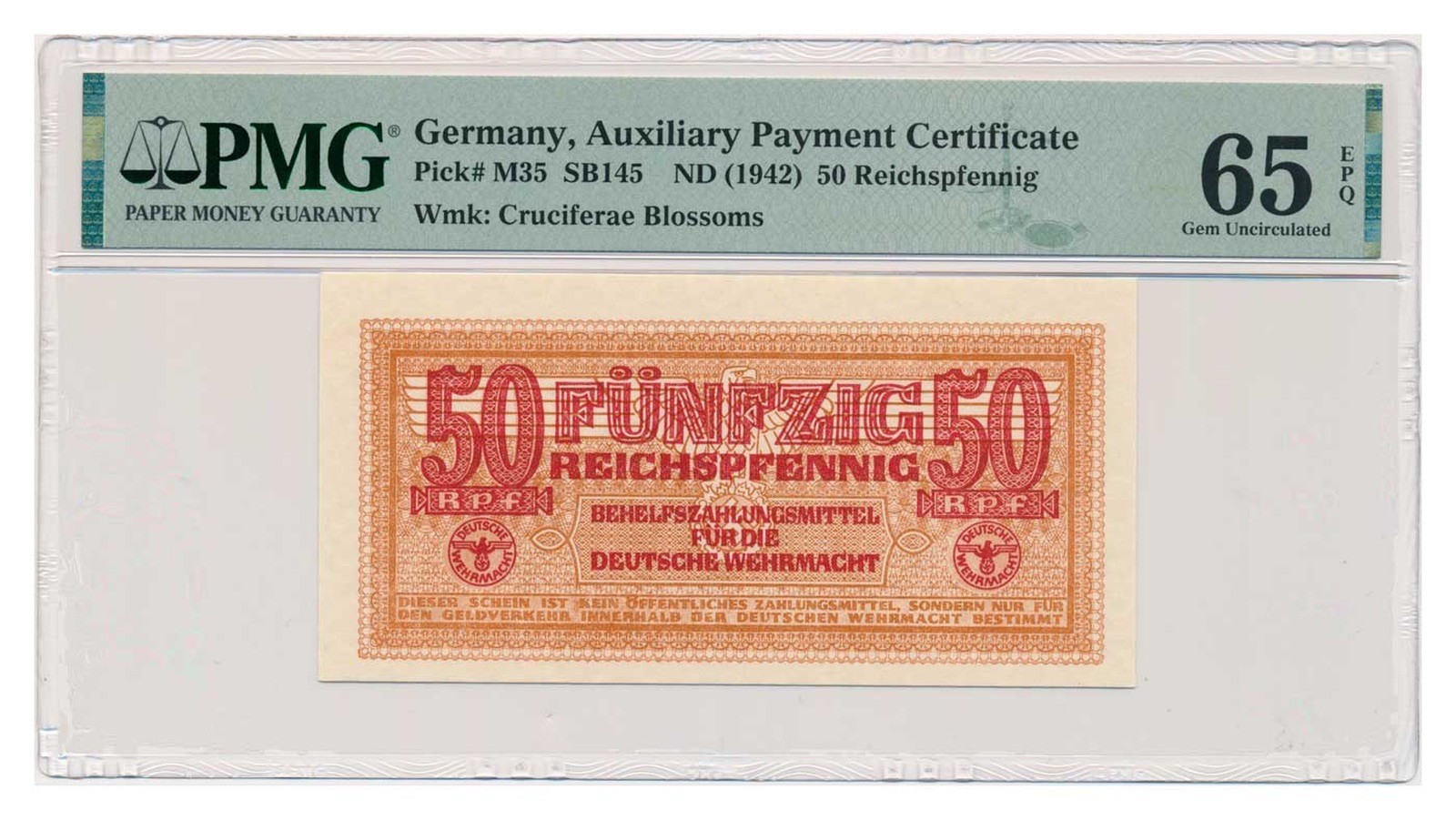 GERMANY banknote 50 Reichspfennig 1942 PMG MS 65 EPQ Gem Uncirculated