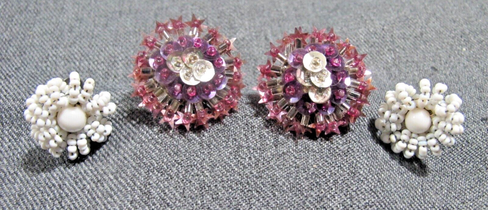 Vintage embroidery purple silvertone sequins + white glass beads flower earrings
