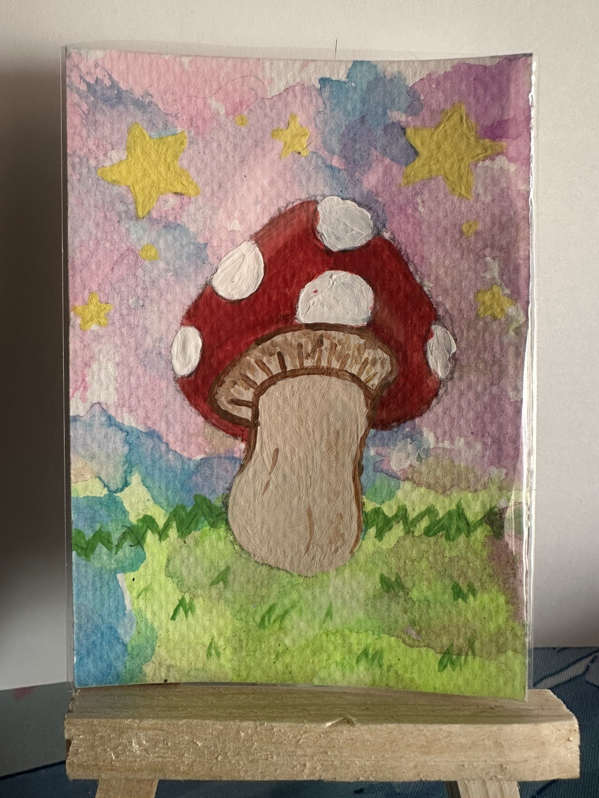 ACEO Original Mixed Media Mushroom Painting 2.5inx3.5in Signed By Artist