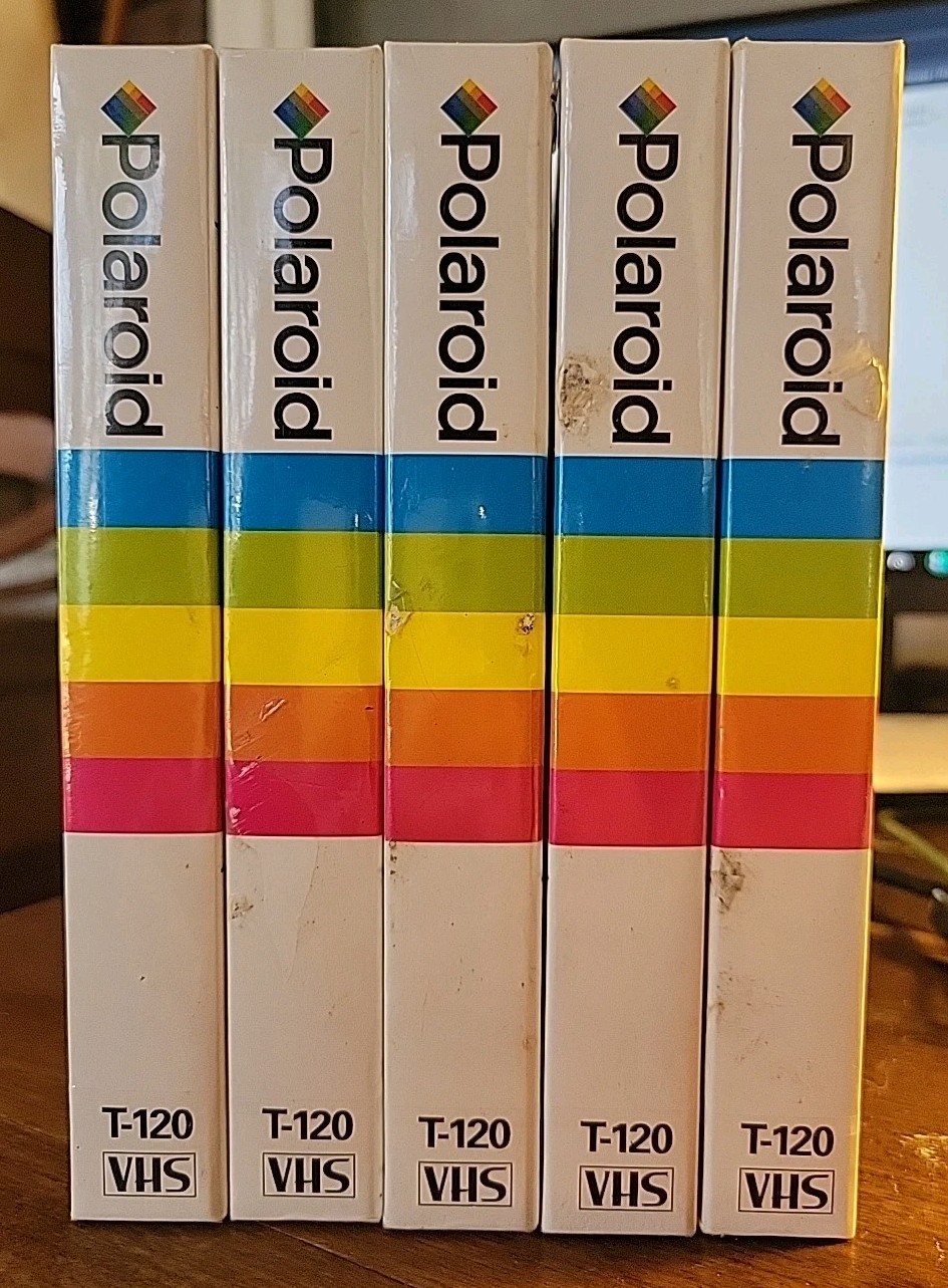Lot of 5 (five) Blank Sealed Polaroid VHS cassette tapes. T-120 6 Hours Each