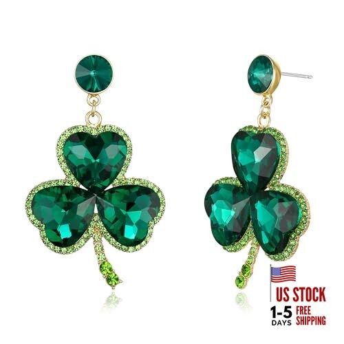  St. Patrick's Day Lucky Clover Shamrock Dangle Drop Pierced_2.6 inches