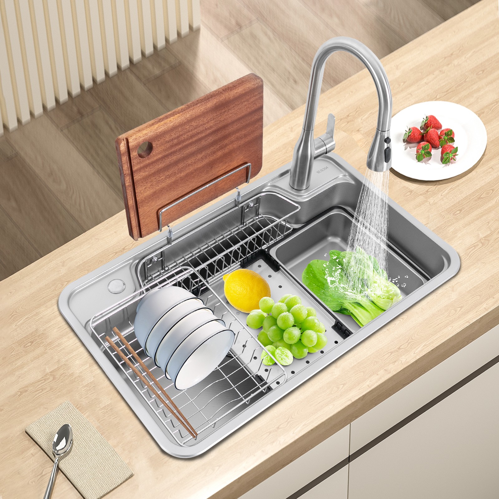 Kitchen Laundry Sink Set with 360° Rotation Faucet 9.06'' Deep Sink 1mm Panel US