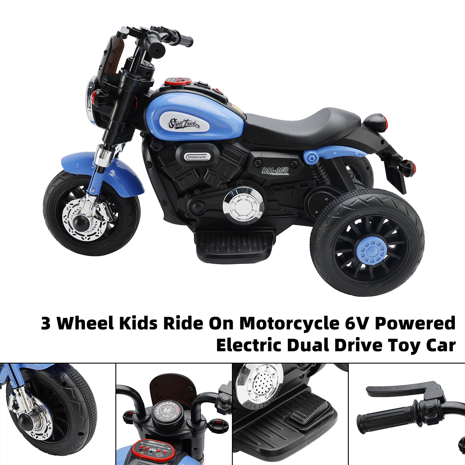 3 Wheel Kids Ride On Motorcycle 6V Powered Electric Dual Drive Toy Car Blue R10