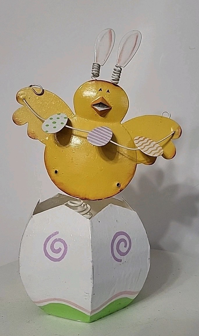 Metal Easter Chick In An Egg With Bunny Ears & a String Of Easter Eggs 8" Tall