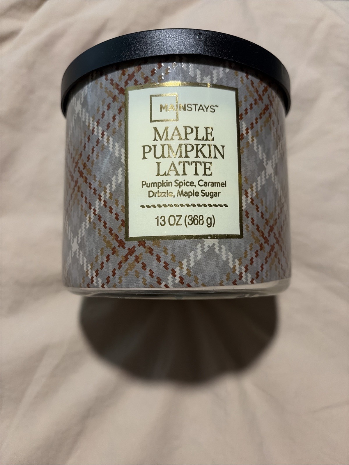 Mainstays 3-Wick Maple Pumpkin Latte Orange Plaid Design, 13-Ounce