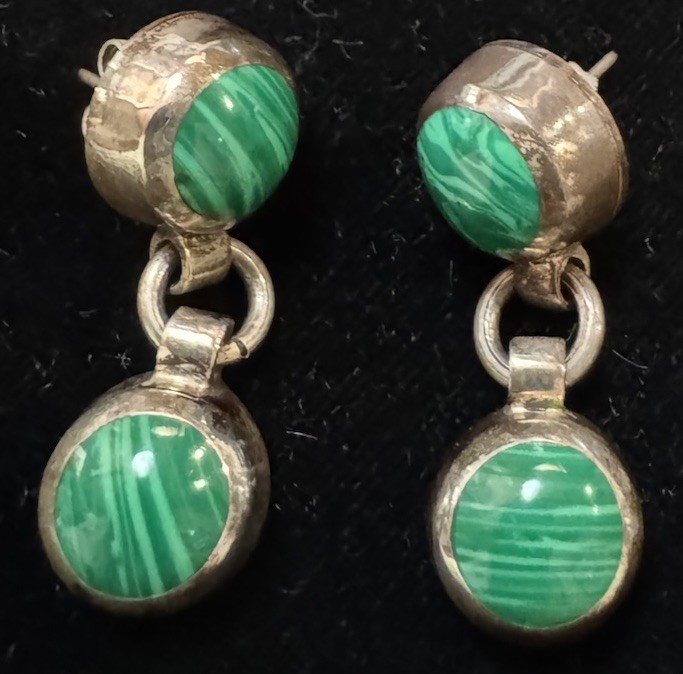 Taxco Mexican Sterling Silver Malachite Dangle Earrings Round Green Natural