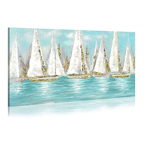  Ocean Sailboat Canvas Wall Art - Hand Painted Textured Gold 48"L x 24"W Boats