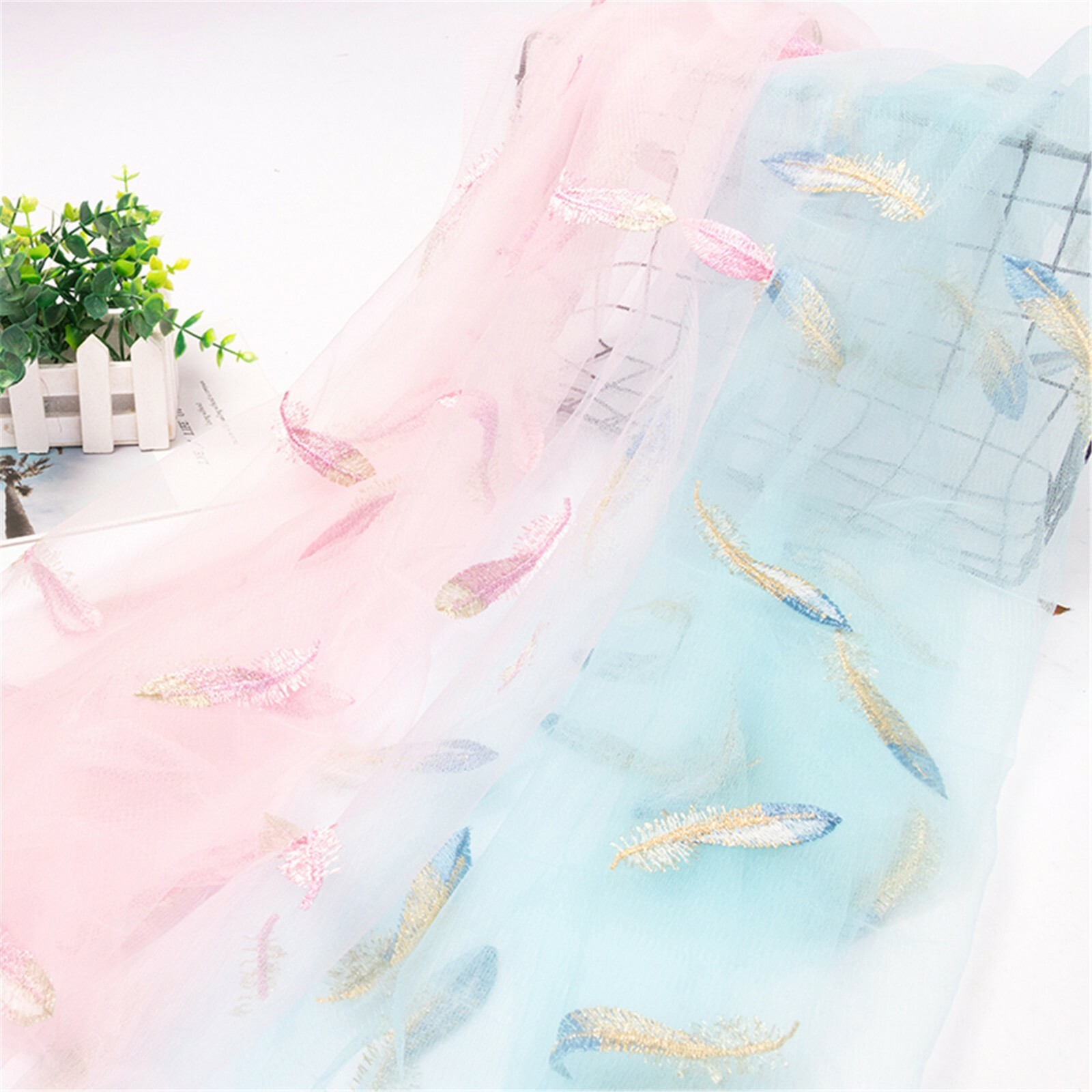 Feather Embroidery Evening Dress Gown Lace Tulle Dancing Costume DIY Fabric 1 M