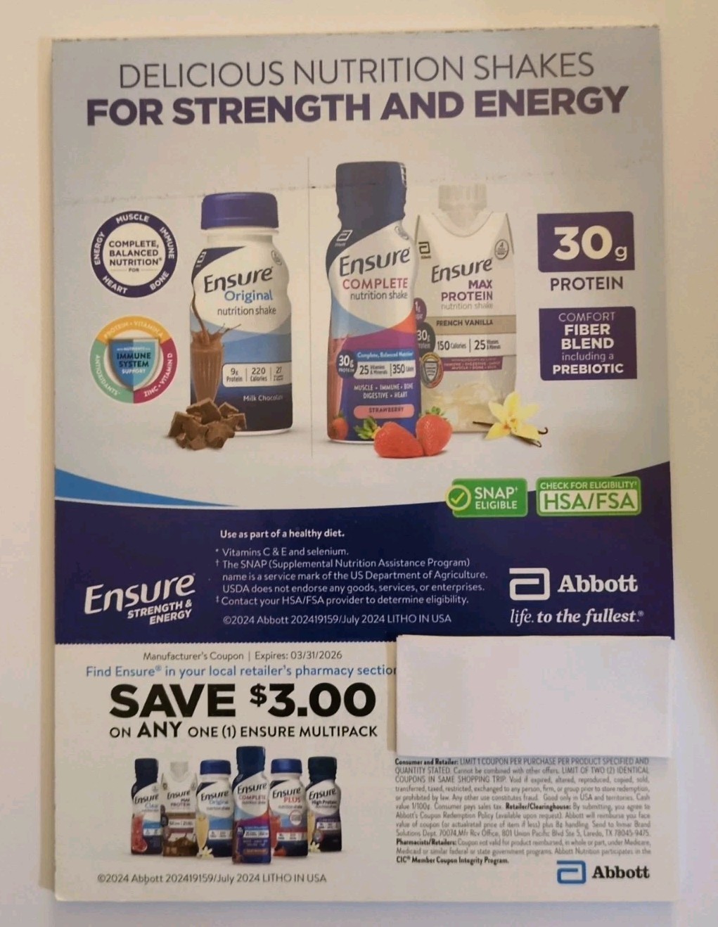 Ensure Coupons -- Save $3.00 each -- Lot of 25 Expire 03/31/2026 ($75 value)