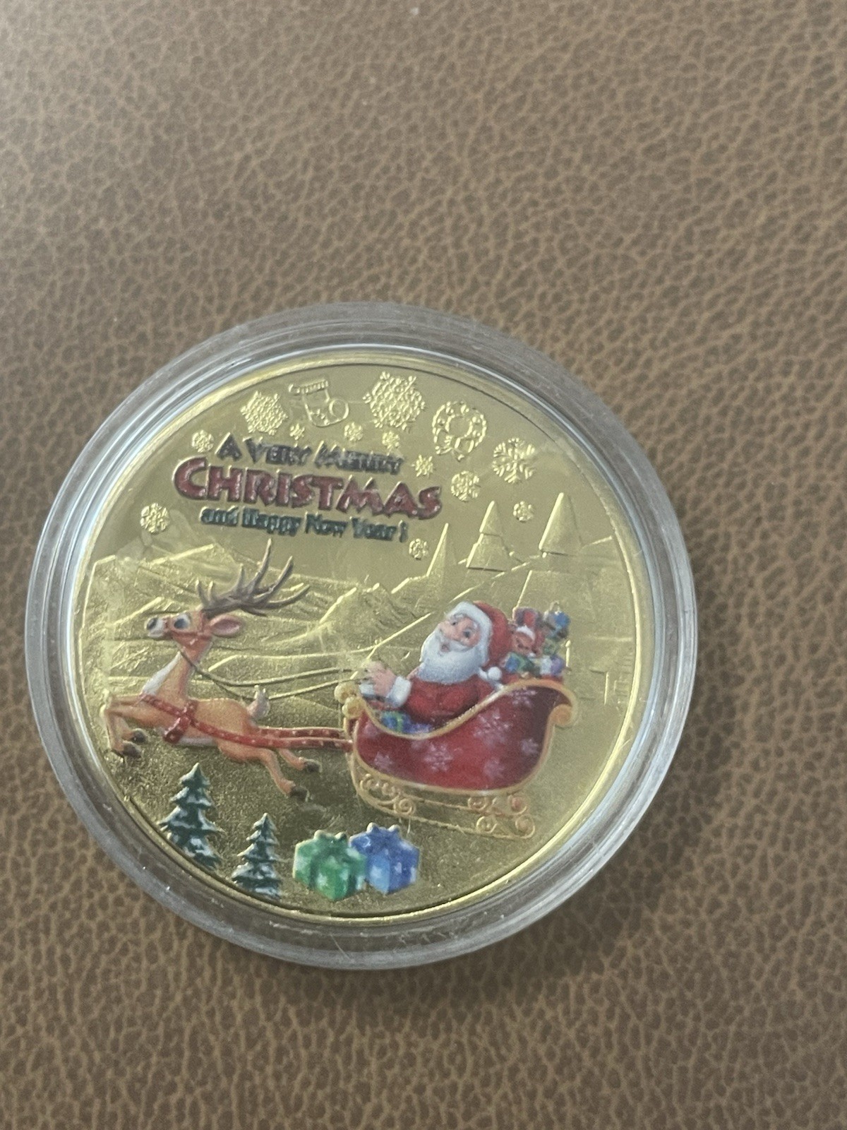 Santa Claus Merry Christmas Collector Colorized Coin Gold Plated Protective Case