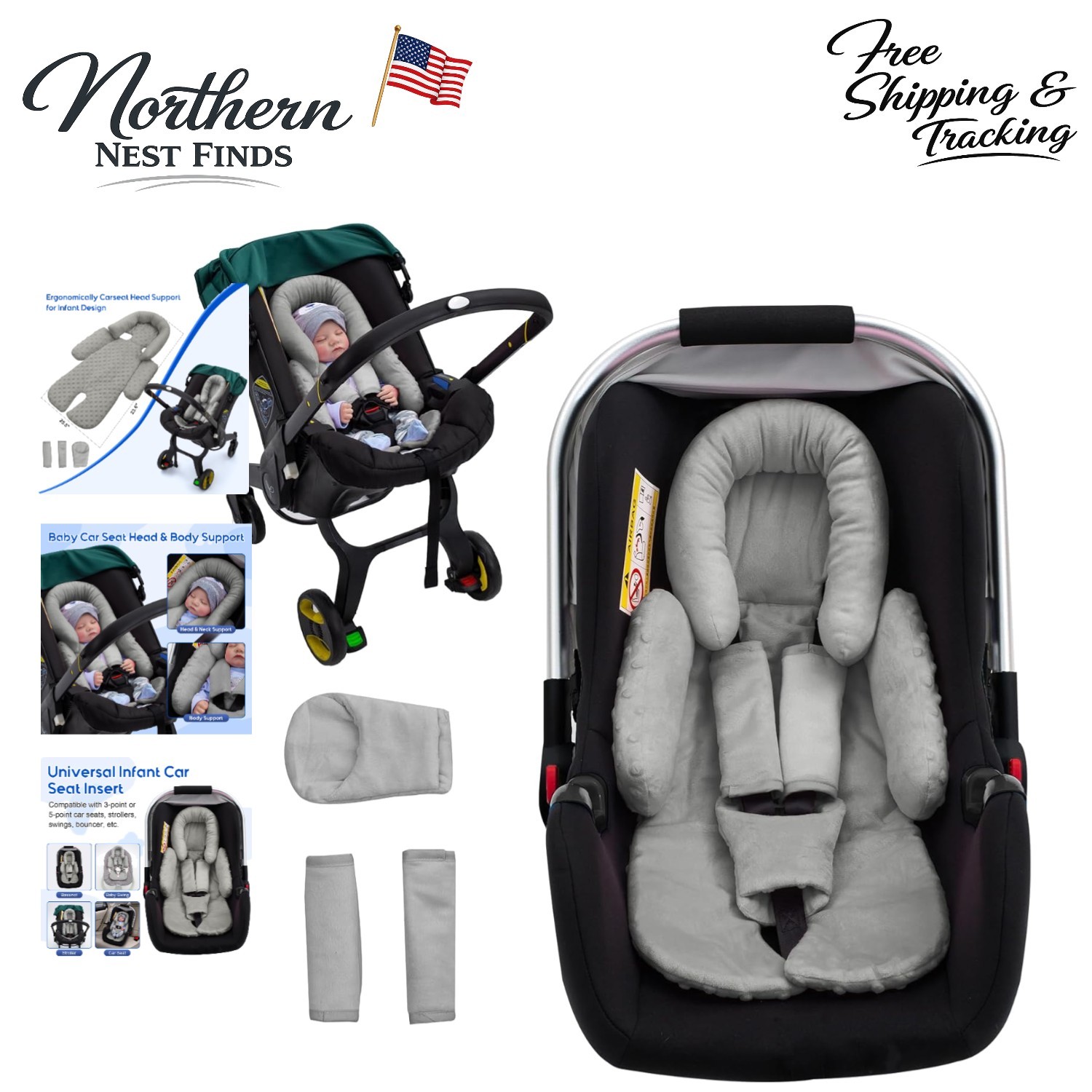 Thickened Infant Car Seat Head Support with 3 Strap Covers - Reversible Gray