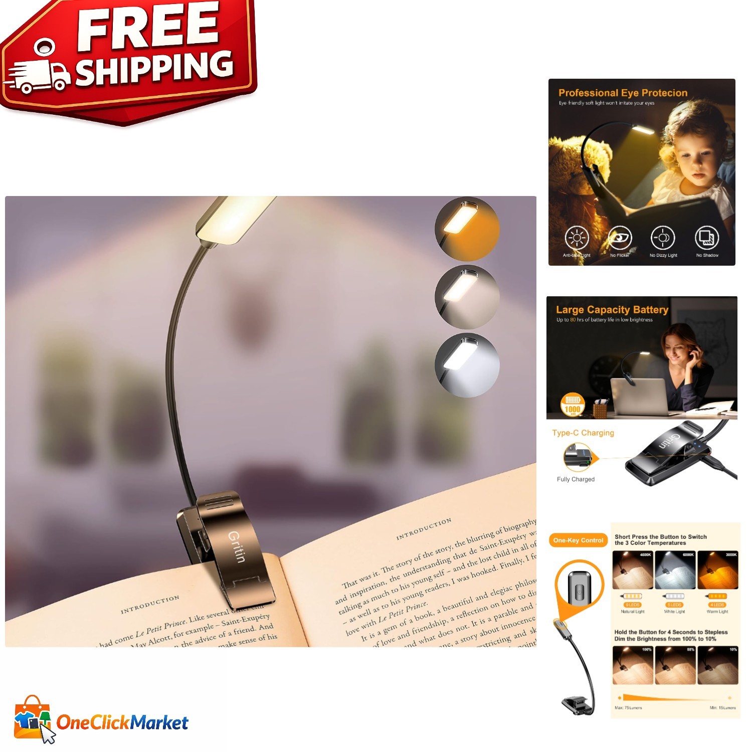 9 LED Rechargeable Book Light - Eye-Caring, 3 Color Modes, Stepless Dimming