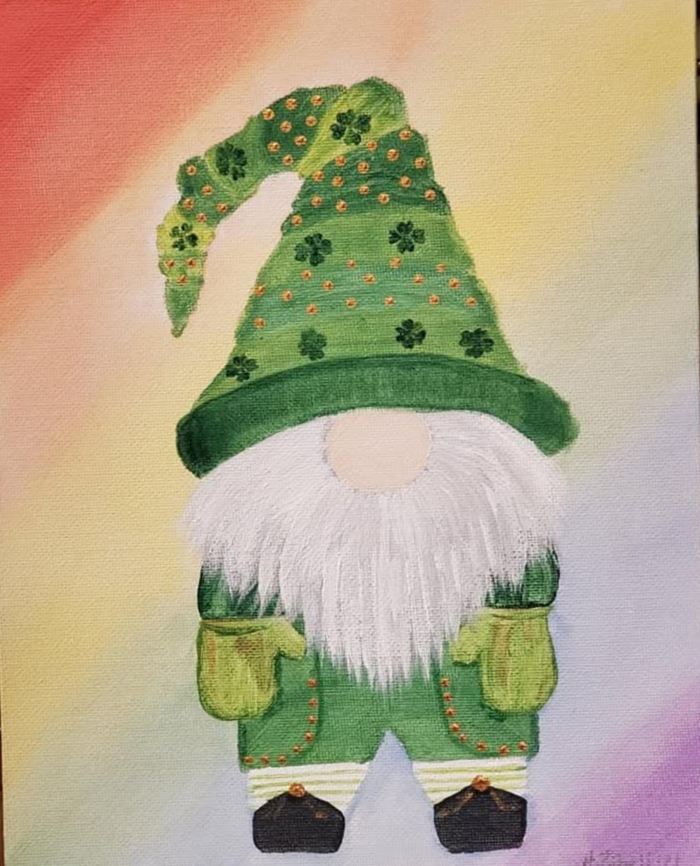 St Patrick's DAY acrylic Painting Irish Green Ghome Leprechaun Rainbow