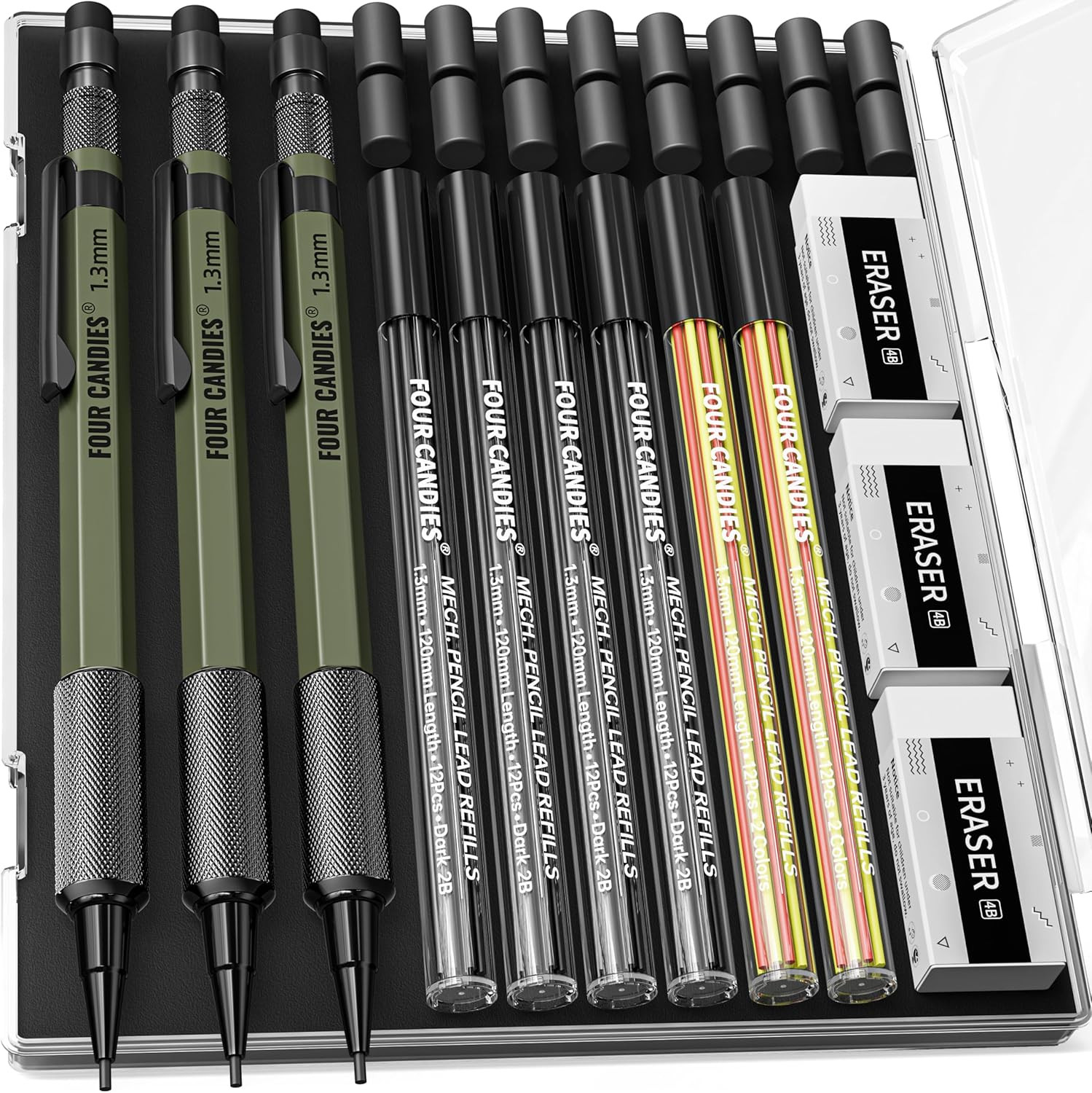 1.3Mm Mechanical Pencil Set with 72 Lead Refill, 3PCS Metal Weatherproof Body He