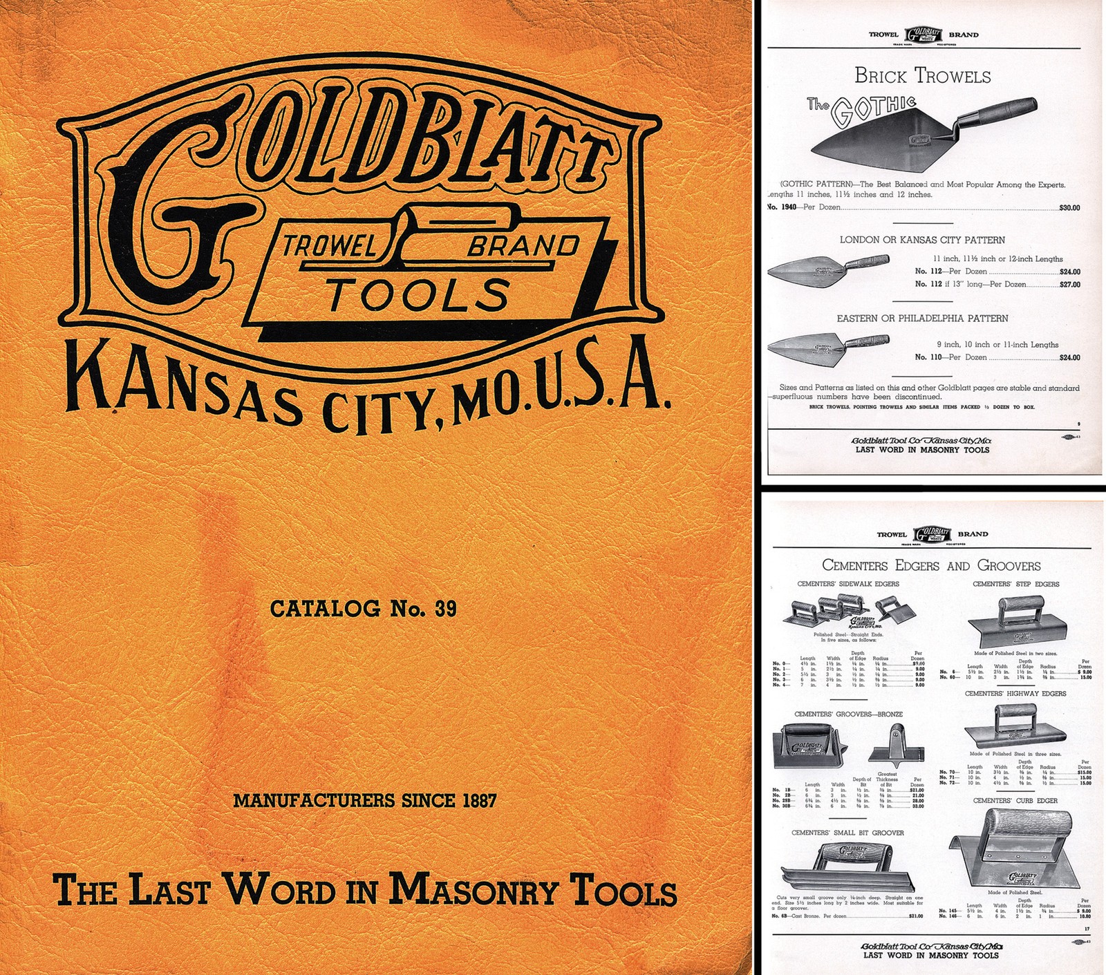 Goldblatt Tool Co., Kansas City - Catalog of Masons Tools, No. 39 - 24 Pages