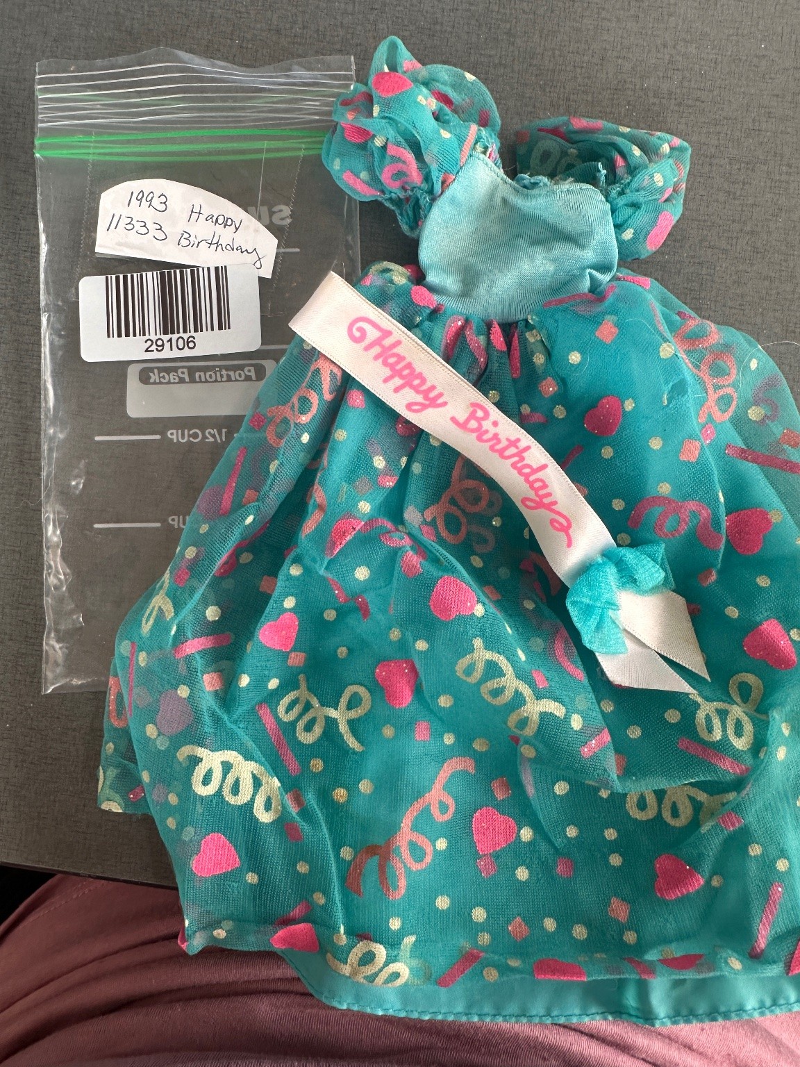 Happy Birthday Doll Dress Teal Pink Confetti w/Sash 1993 29106