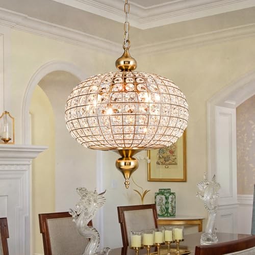 Gold Crystal Chandelier, 16.5" Modern 4-Light 17"W x 21"H Antique Gold Brass