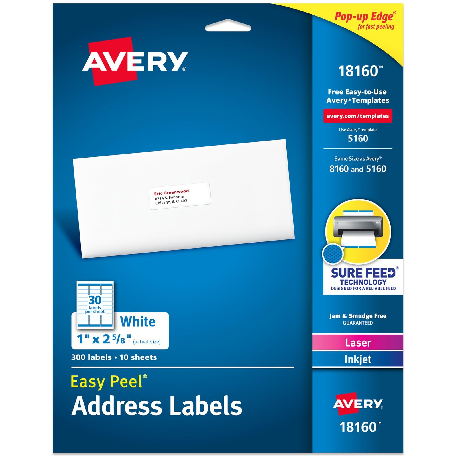 Avery Easy Peel Printable Address Labels Sure Feed 1x2.625 White 300 Blank Stick