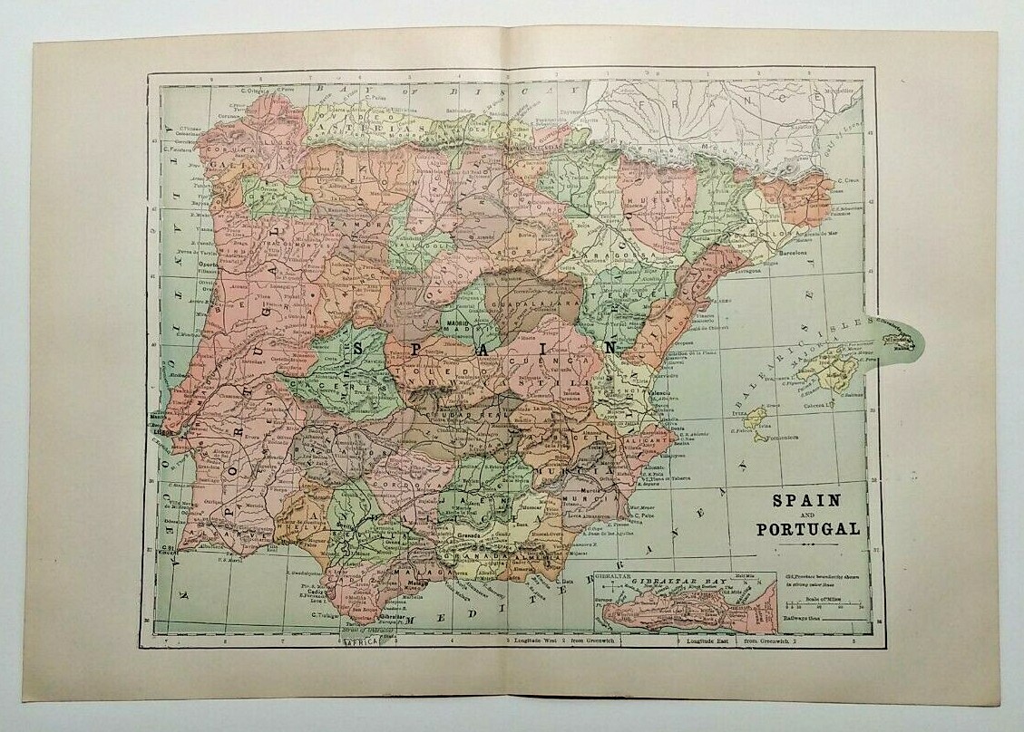 1894 Vintage SPAIN & PORTUGAL Atlas Map Antique Encyclopedia Britannica Pages