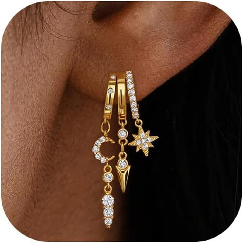 Gold Dangle Earrings for Women, 14K Gold Plated Stacked Triple Hoop Illusion Ear