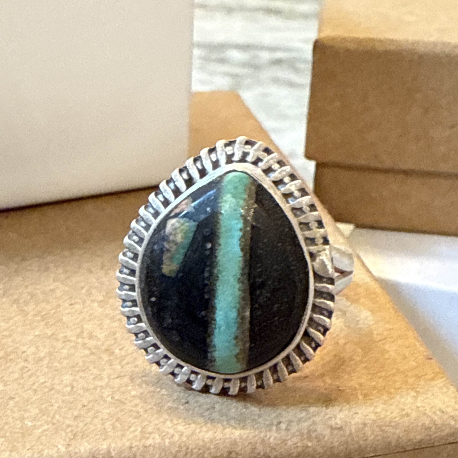 BLACK JACK TURQUOISE Ring Navajo Southwestern Matte Sterling Silver Adjustable