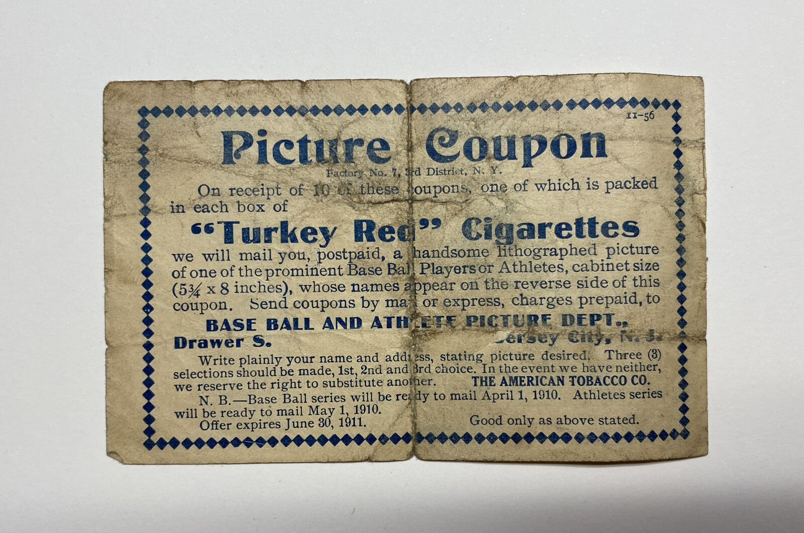 1911 Turkey Red t3 Picture card Coupon Expired Antique Baseball