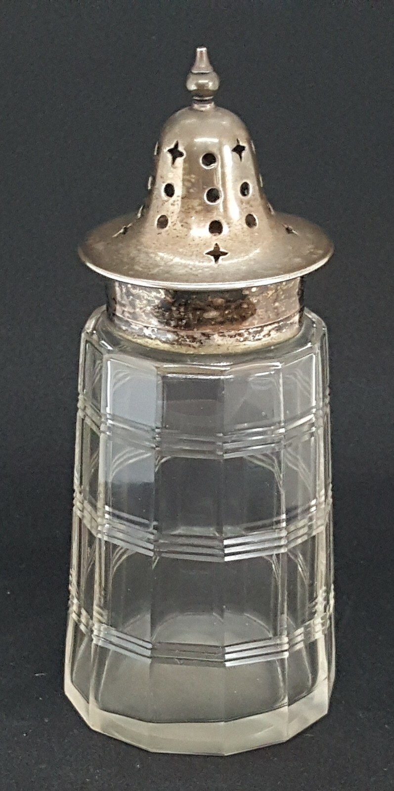 Silver plate & clear etched grid glass vintage Art Deco antique sugar sifter