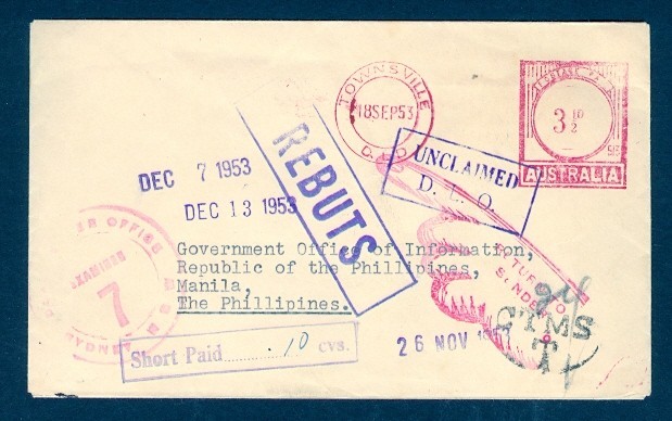 AUSTRALIA 1953 TO PHILIPINES UNCLAIMED AND RETURNED