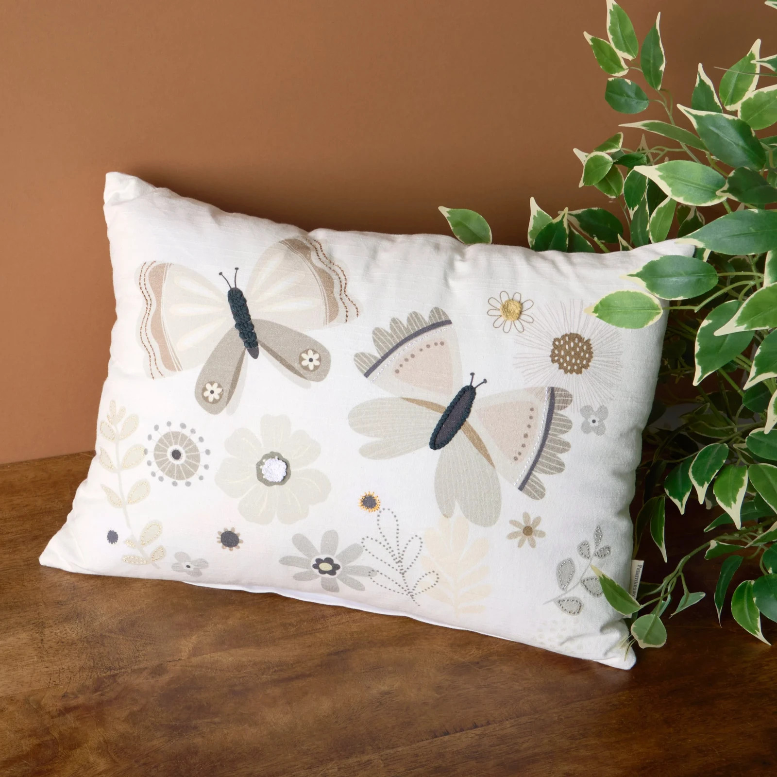 Neutral Beige Butterfly & Floral Pillow, 20" x 15", Primitives by Kathy, NWT