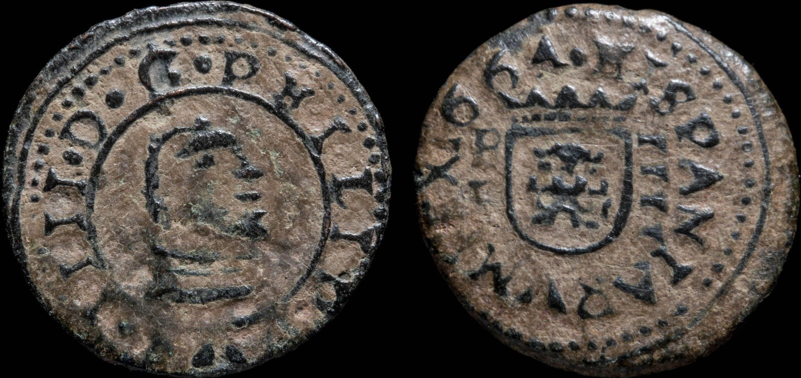 1664, 4 Maravedis Philips IV, Burgos Mint - 16 mm / 1.38 gr.
